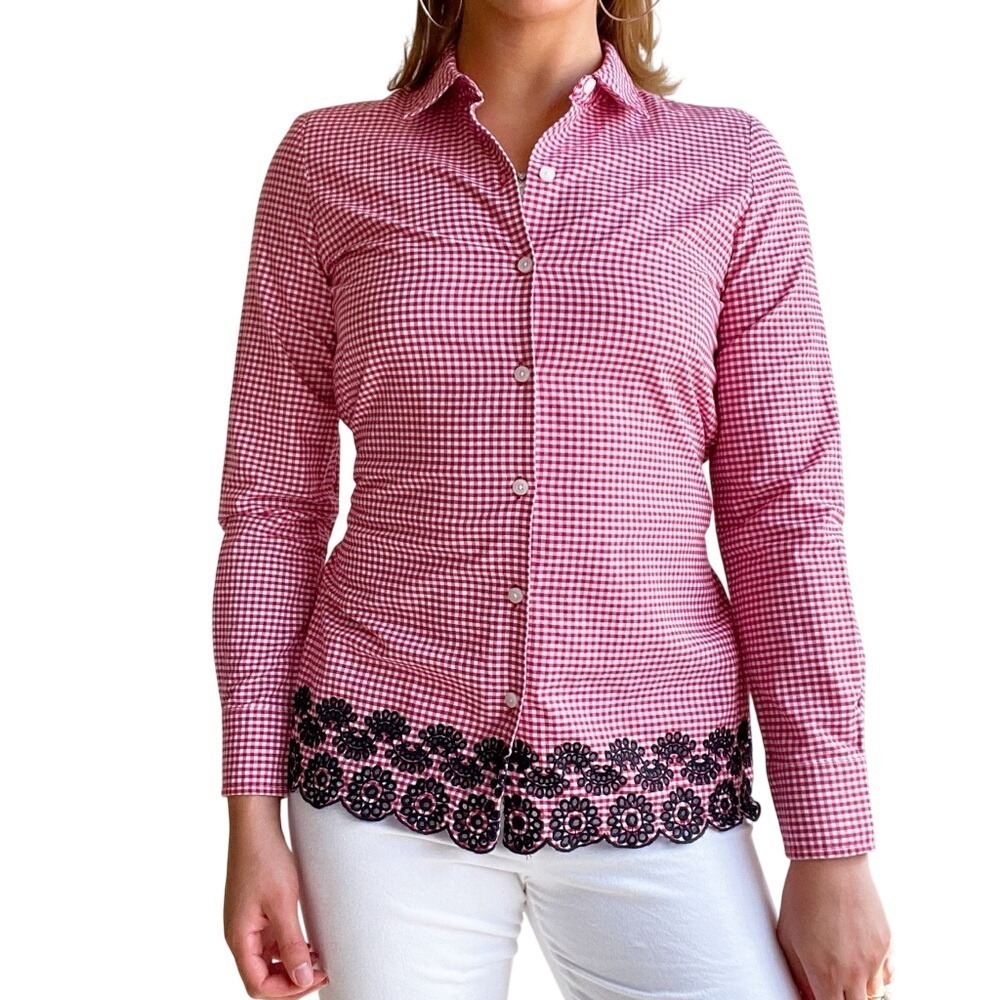 Tommy Hilfiger Cottagecore Western Chic Gingham Lace Eyelet Hem Button Up Blouse